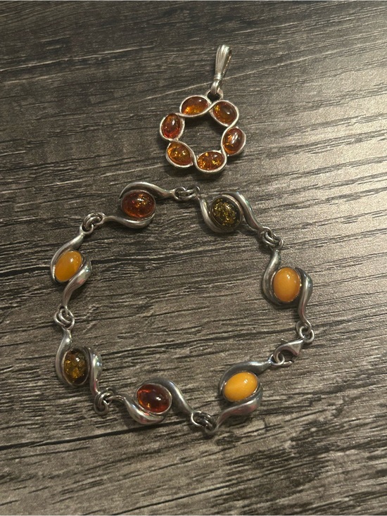 Source Unknown Jewelry - Sterling Silver Amber Bracelet and Amber Pendant Set